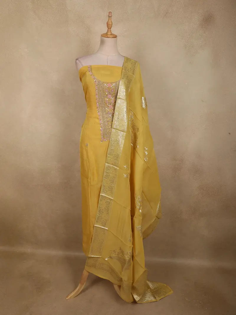 Mustard Yellow Floral Sequins And Zardozi Embroidered Design Tissue Unstitched Salwar Material With Dupatta 1