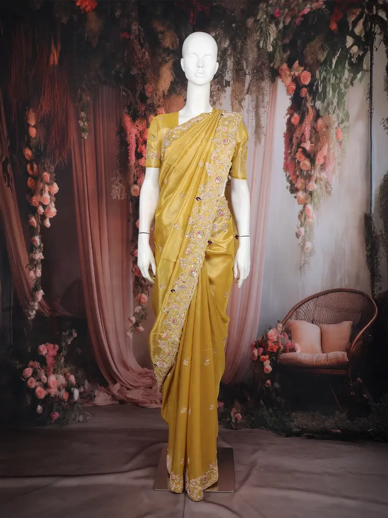 Mustard Yellow Floral Sequins Embroidered Pure Tissue Silk Saree With Designer Border 1