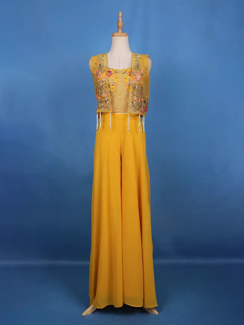Mustard Yellow Floral Sequins Embroidery Palazzo Suit 1