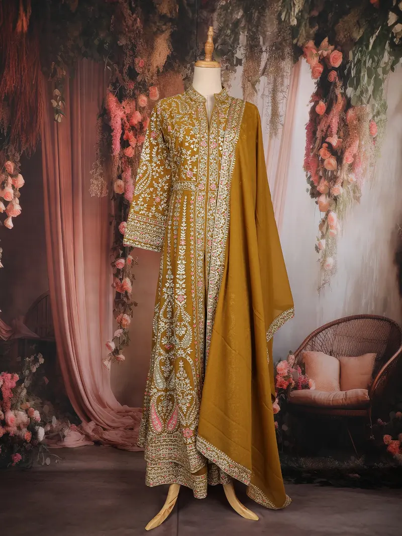Mustard Yellow Floral Thread And Sequins Embroidered Design Georgette Mastani Lehenga With Dupatta 1