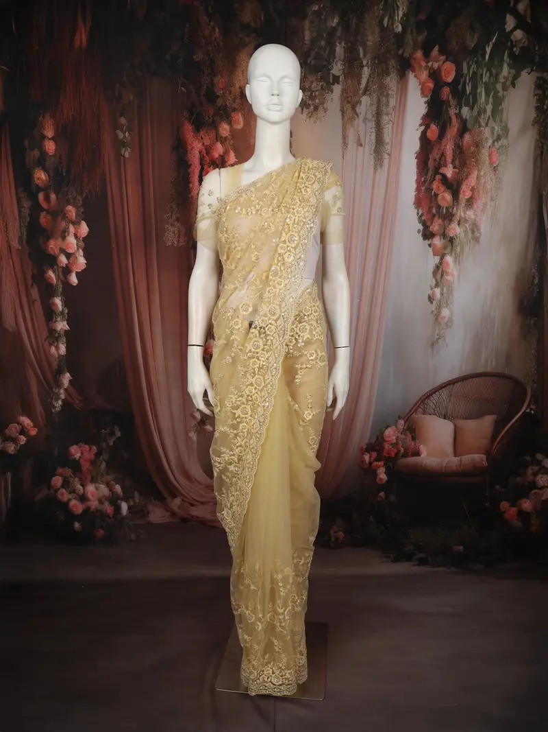 Mustard Yellow Floral Thread And Sequins Embroidered Design Pure Organza Designer Saree With Scalloped Border 1