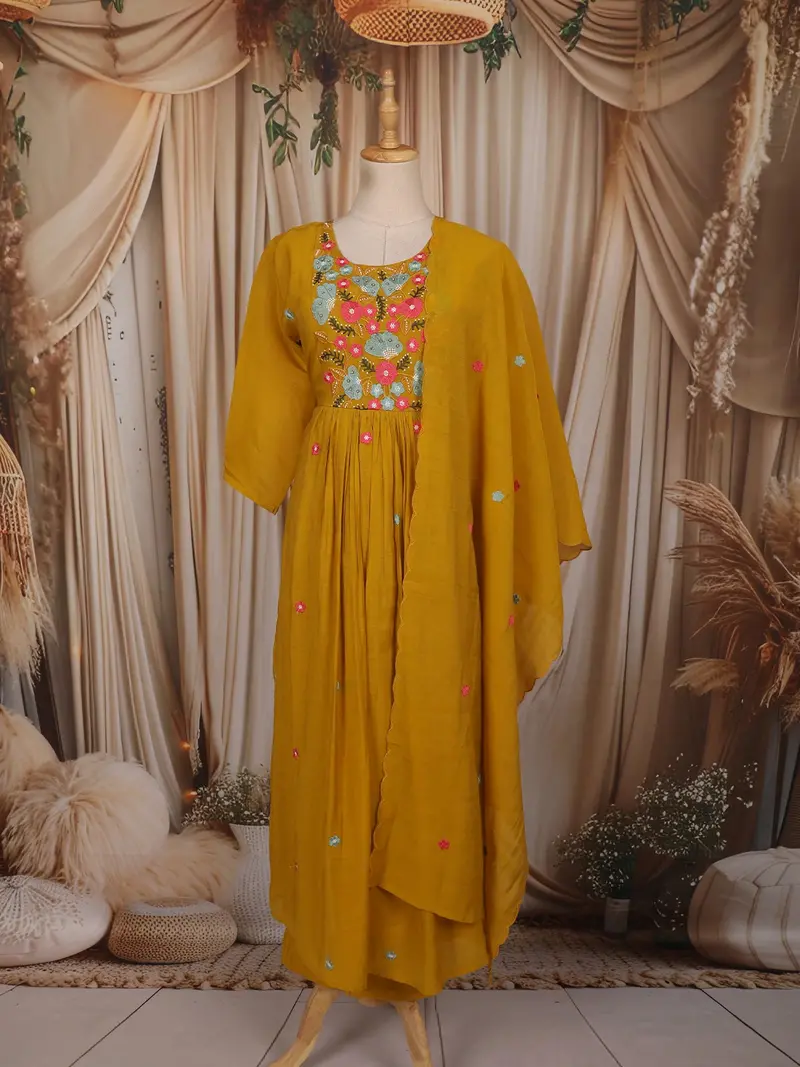 Mustard Yellow Floral Thread Embroidered Design Cotton Anarkali Salwar Suit With Dupatta 1