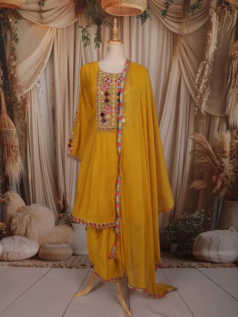 Mustard Yellow Floral Thread Embroidered Design Cotton Anarkali Salwar Suit With Dupatta 1
