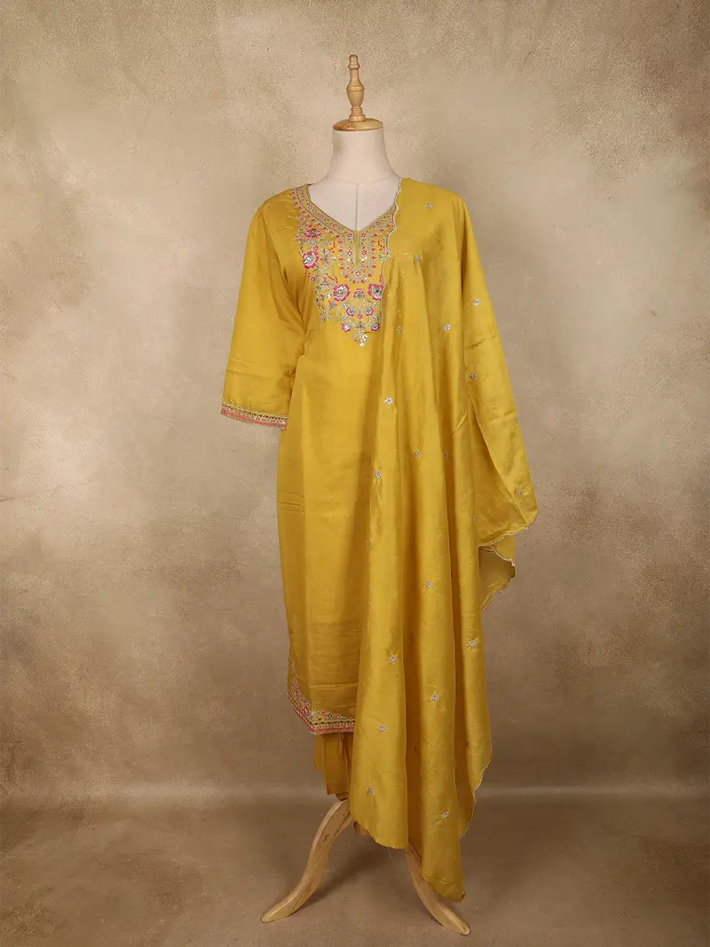 Mustard Yellow Floral Thread Embroidered Design Cotton Straight Cut Salwar Suit With Dupatta 1