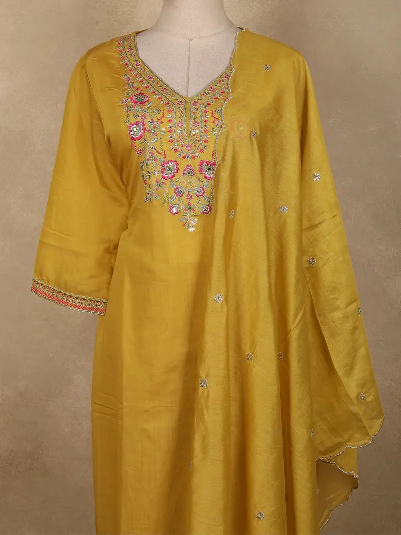 Mustard Yellow Floral Thread Embroidered Design Cotton Straight Cut Salwar Suit With Dupatta 2