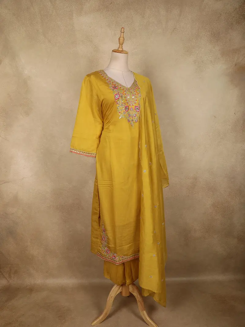 Mustard Yellow Floral Thread Embroidered Design Cotton Straight Cut Salwar Suit With Dupatta 3