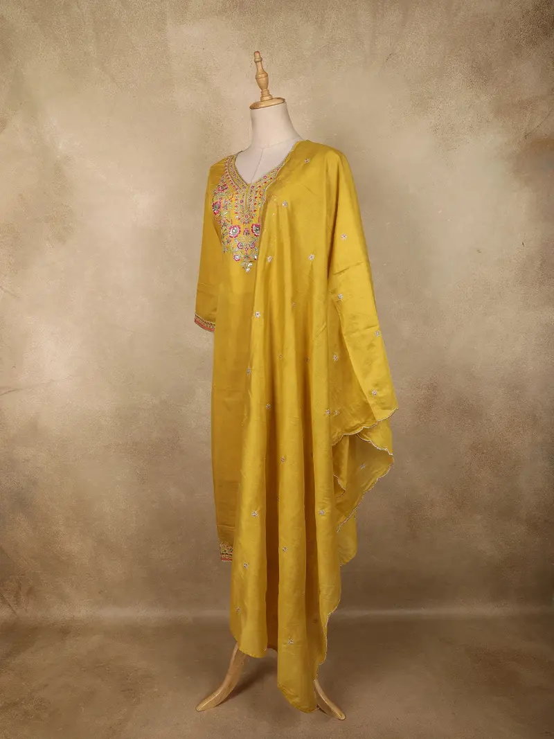 Mustard Yellow Floral Thread Embroidered Design Cotton Straight Cut Salwar Suit With Dupatta 4