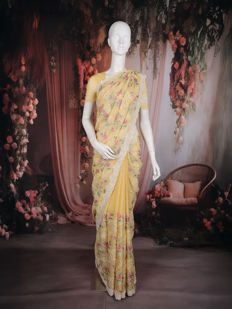 Mustard Yellow Floral Thread Embroidered Design Georgette Designer Saree 1