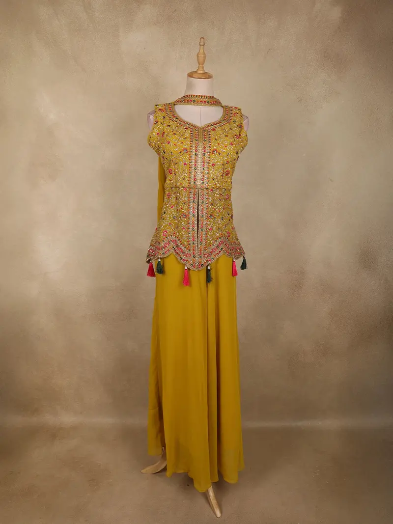 Mustard Yellow Floral Thread Embroidered Design Georgette Palazzo Suit With Dupatta 1