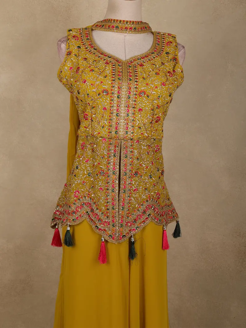 Mustard Yellow Floral Thread Embroidered Design Georgette Palazzo Suit With Dupatta 2