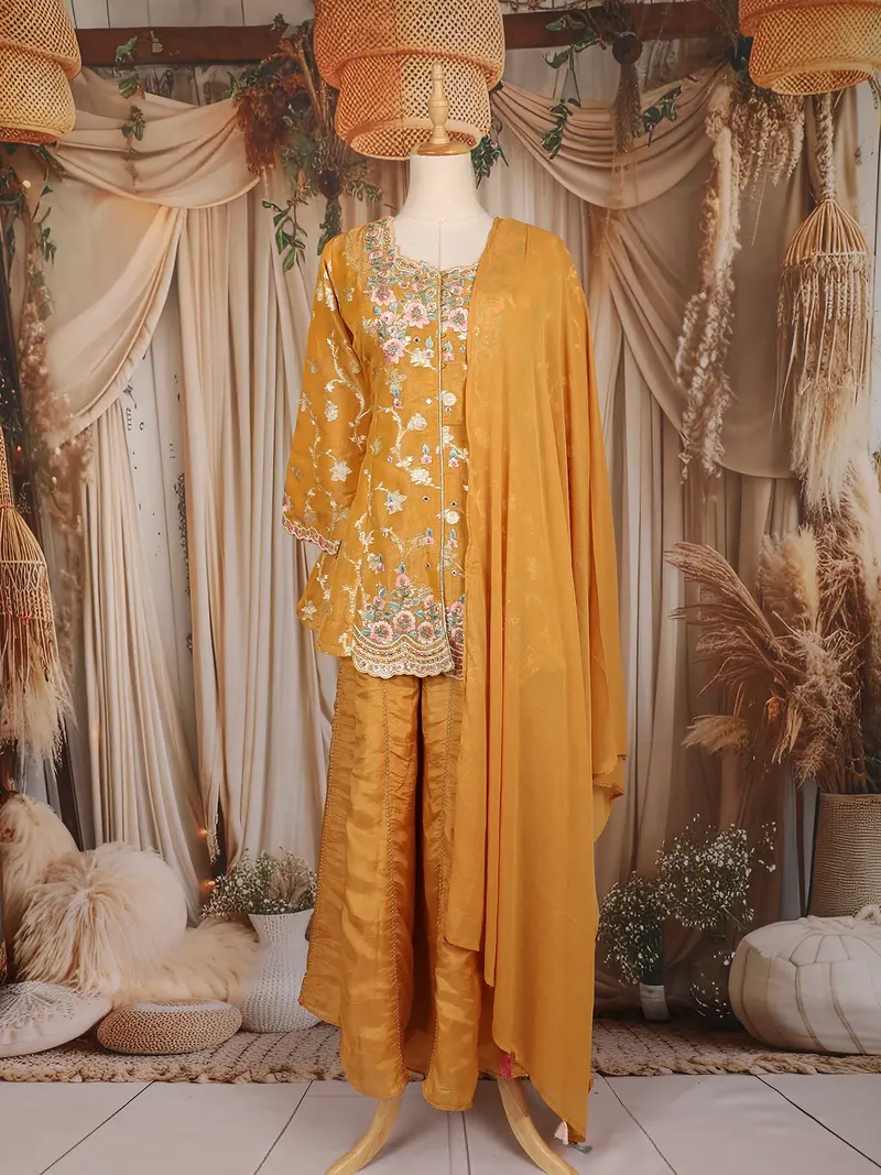 Mustard Yellow Floral Thread Embroidered Design Organza Palazzo Suit 1
