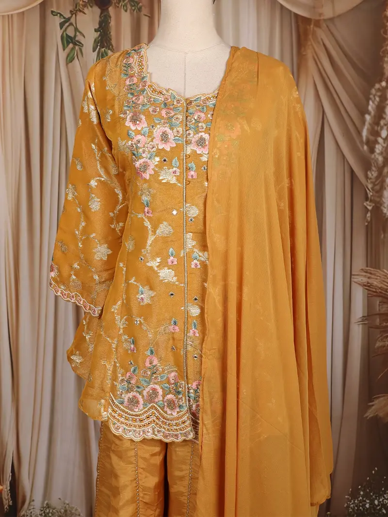 Mustard Yellow Floral Thread Embroidered Design Organza Palazzo Suit 2