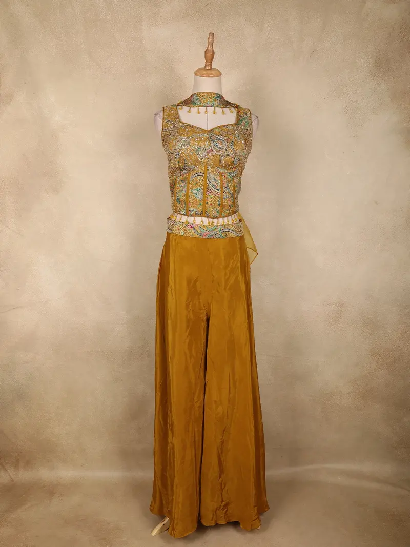 Mustard Yellow Floral Thread Embroidered Design Satin Palazzo Suit With Dupatta 1