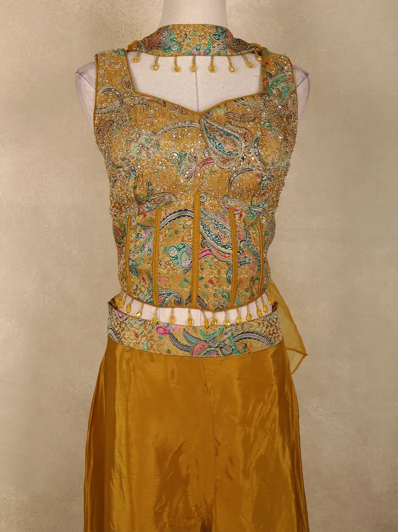Mustard Yellow Floral Thread Embroidered Design Satin Palazzo Suit With Dupatta 2