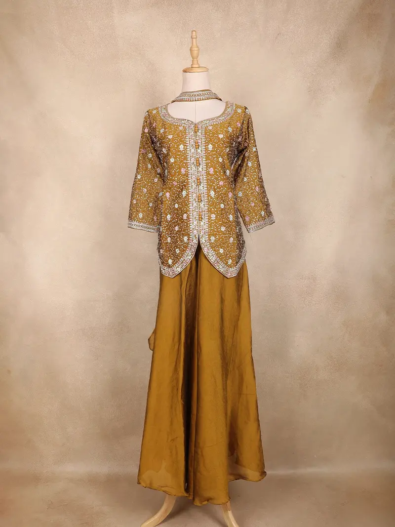 Mustard Yellow Floral Thread Embroidered Semi Silk Palazzo Suit With Dupatta 1