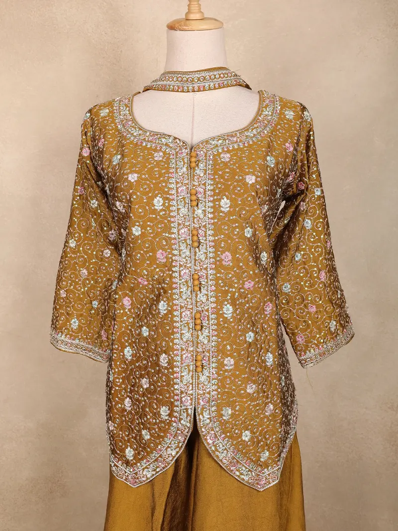 Mustard Yellow Floral Thread Embroidered Semi Silk Palazzo Suit With Dupatta 2