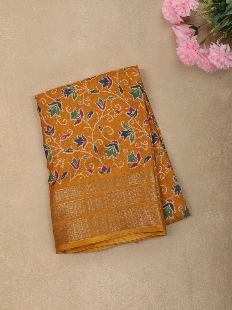 Mustard Yellow Floral Vine Printed Design Crepe Saree With Zari Border 1