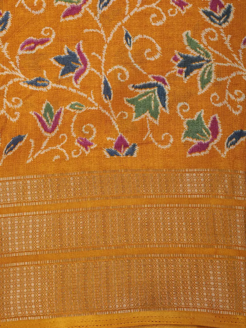 Mustard Yellow Floral Vine Printed Design Crepe Saree With Zari Border 2