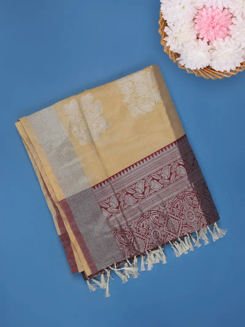 Mustard Yellow Floral Woven Art Silk Saree With Contrast Maroon Zari Border 1