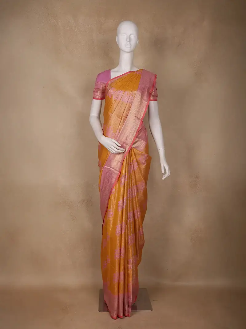Mustard Yellow Floral Woven Design Art Silk Saree 1