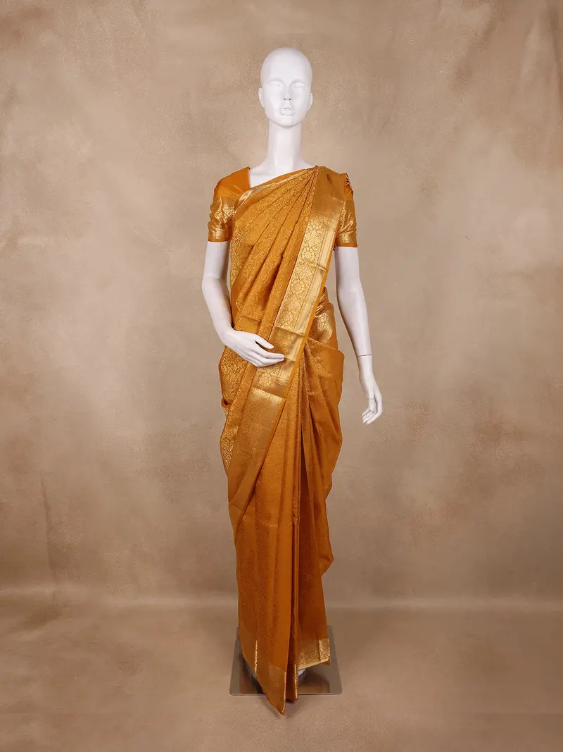 Mustard Yellow Floral Woven Design Kanchipuram Silk Saree 1