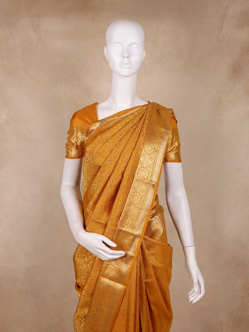 Mustard Yellow Floral Woven Design Kanchipuram Silk Saree 2