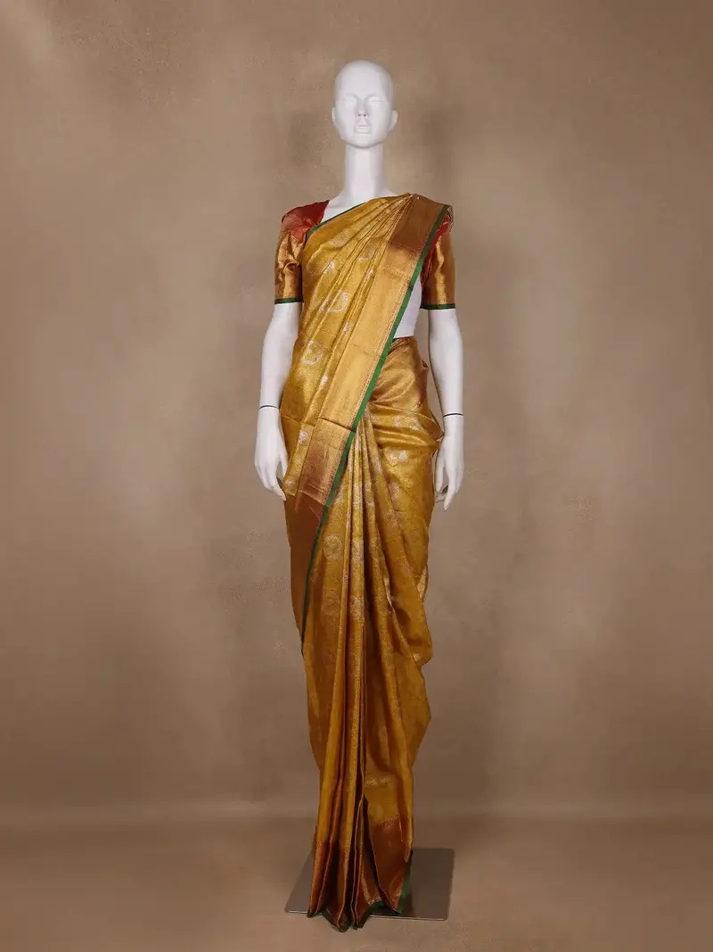 Mustard Yellow Floral Woven Motifs Pure Kanchipuram Tissue Silk Saree 1
