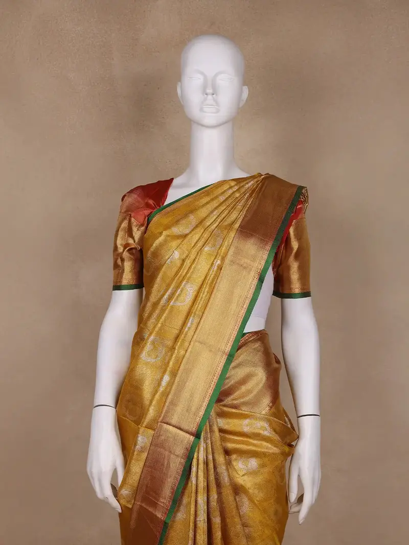 Mustard Yellow Floral Woven Motifs Pure Kanchipuram Tissue Silk Saree 2