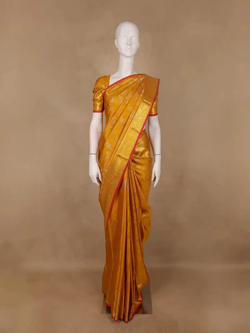 Mustard Yellow Floral Woven Pure Kanchipuram Silk Saree 1
