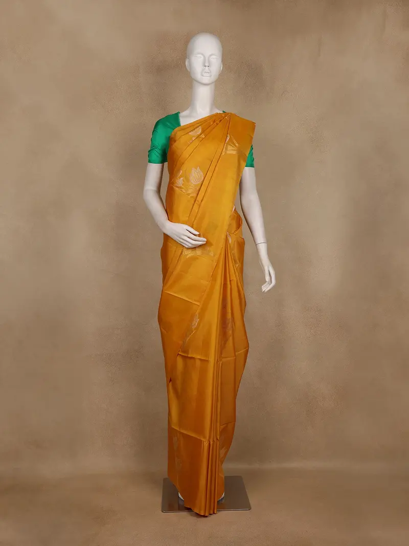 Mustard Yellow Floral Woven Soft Silk Saree 1