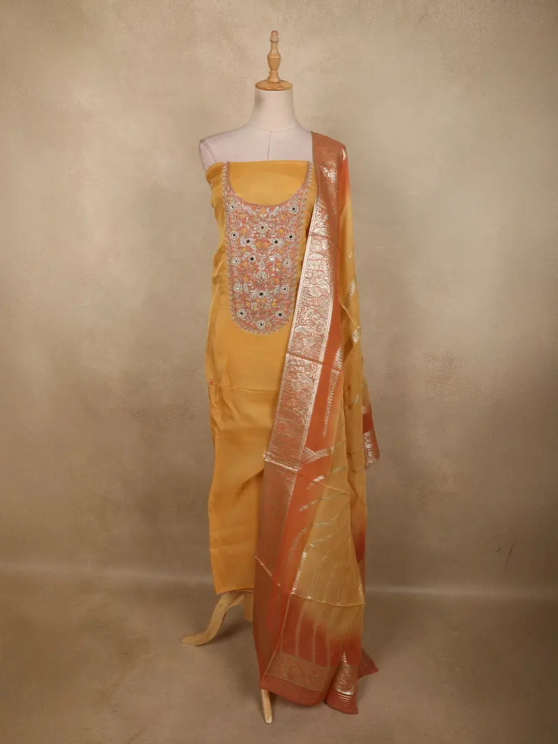 Mustard Yellow Floral Zardozi Embroidered Design Tissue Unstitched Salwar Material With Dupatta 1