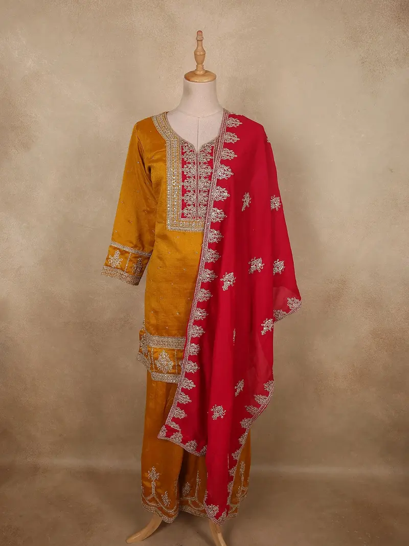 Mustard Yellow Floral Zari Embroidered Design Georgette Palazzo Suit With Dupatta 1