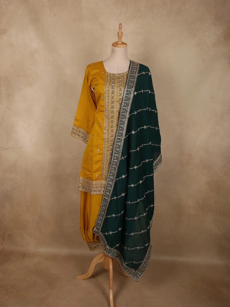 Mustard Yellow Floral Zari Embroidered Design Silk Salwar Suit With Contrast Green Dupatta 1