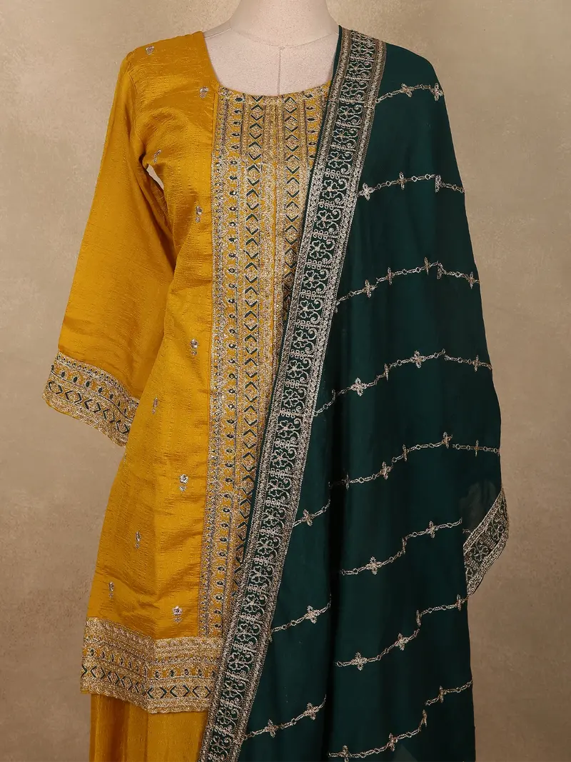 Mustard Yellow Floral Zari Embroidered Design Silk Salwar Suit With Contrast Green Dupatta 2