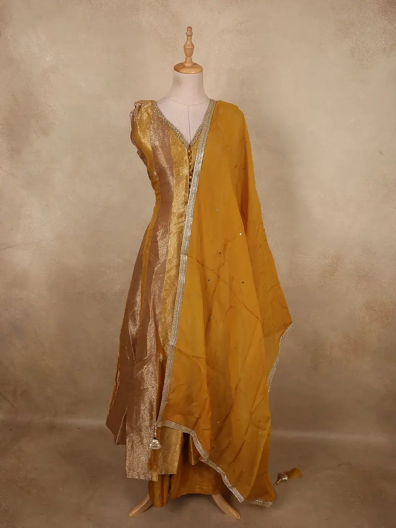 Mustard Yellow Floral Zari Woven Design Banarasi Silk Palazzo Suit With Dupatta 1