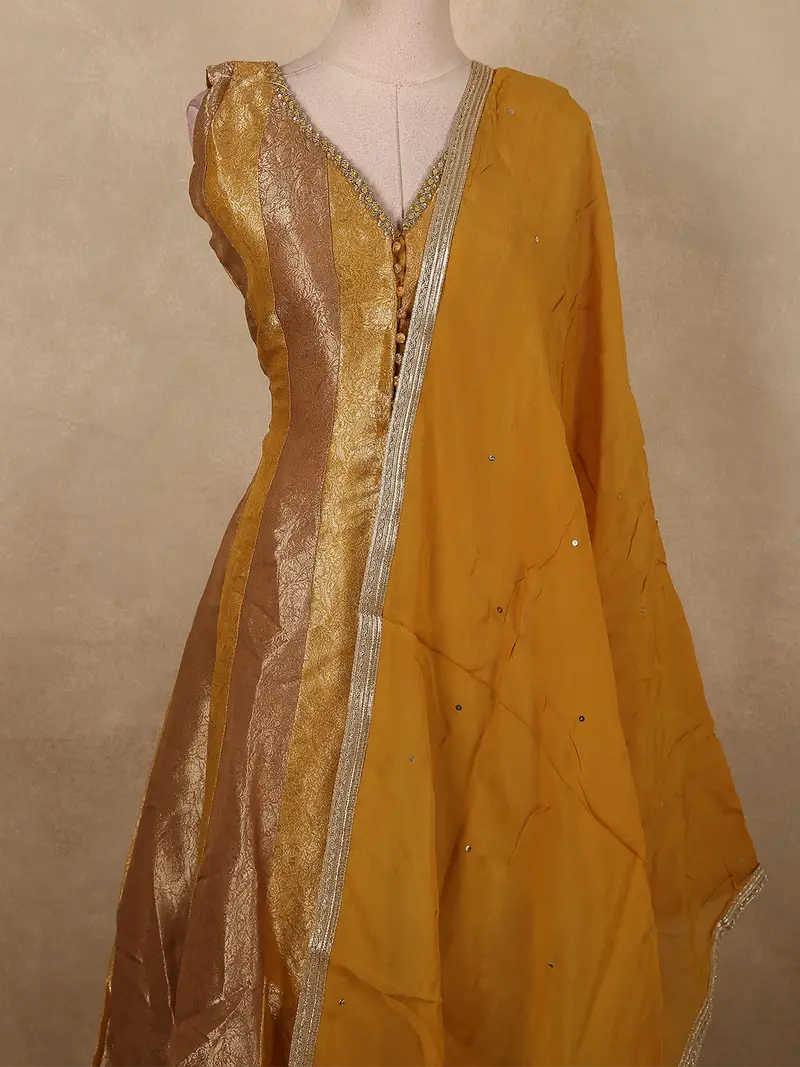 Mustard Yellow Floral Zari Woven Design Banarasi Silk Palazzo Suit With Dupatta 2