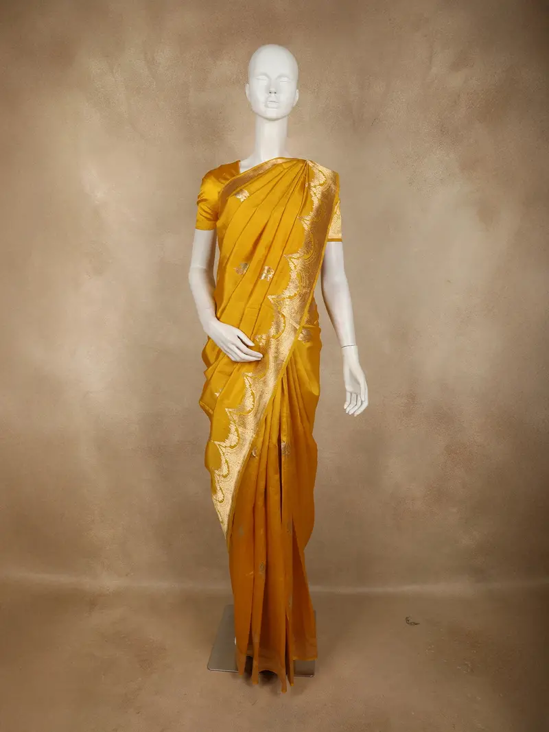 Mustard Yellow Floral Zari Woven Design Pure Banarasi Silk Saree With Floral Zari Border 1