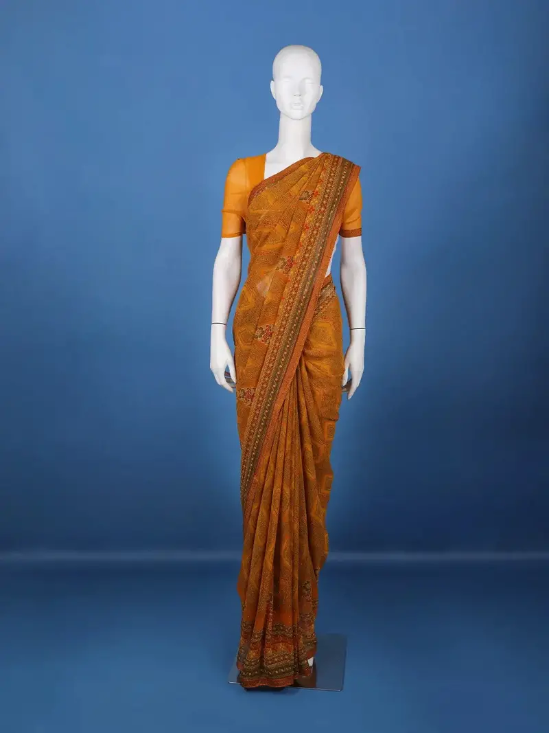 Mustard Yellow Geometric And Floral Printed Georgette Saree 1