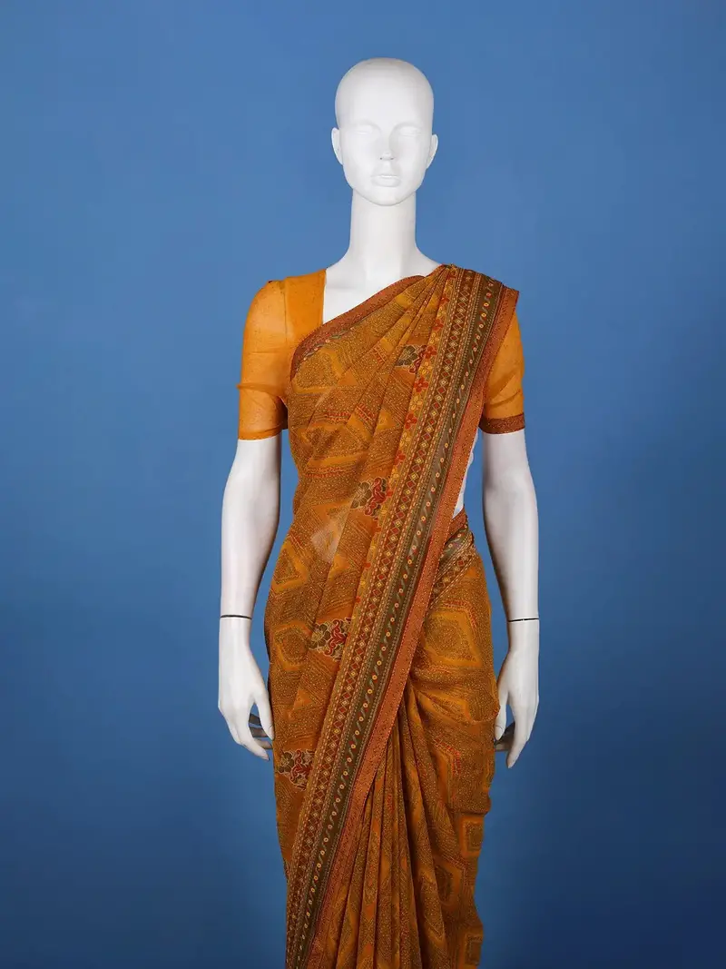 Mustard Yellow Geometric And Floral Printed Georgette Saree 2