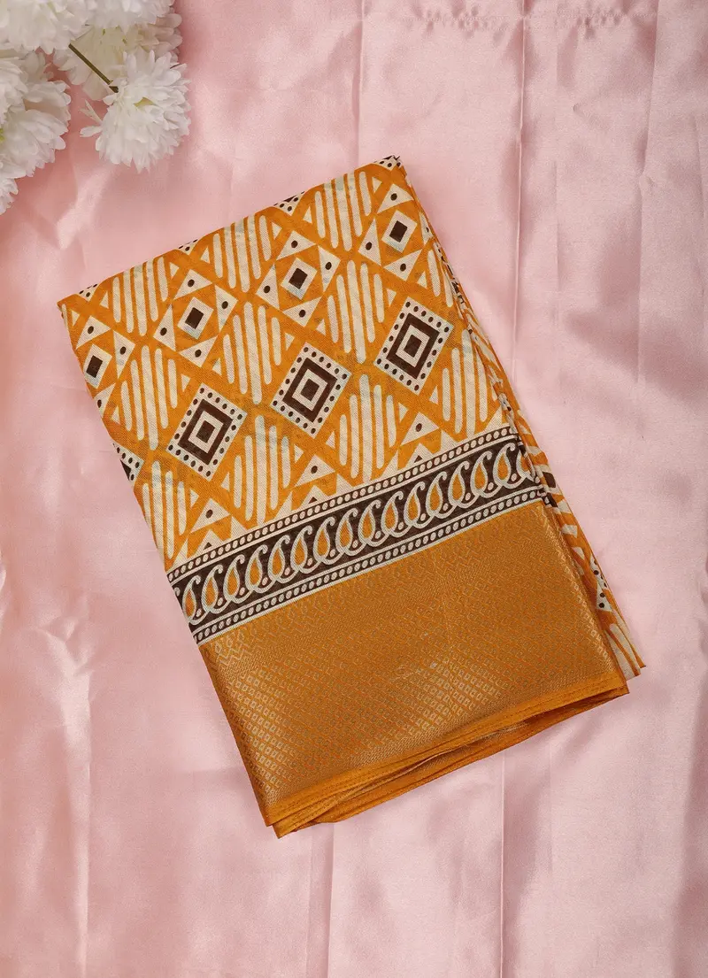 Mustard Yellow Geometric Design Mixed Cotton Saree 1