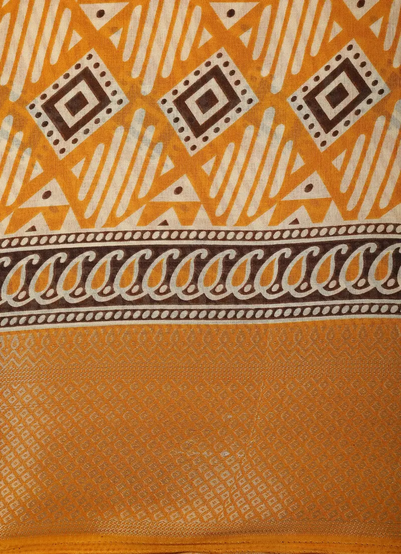Mustard Yellow Geometric Design Mixed Cotton Saree 2