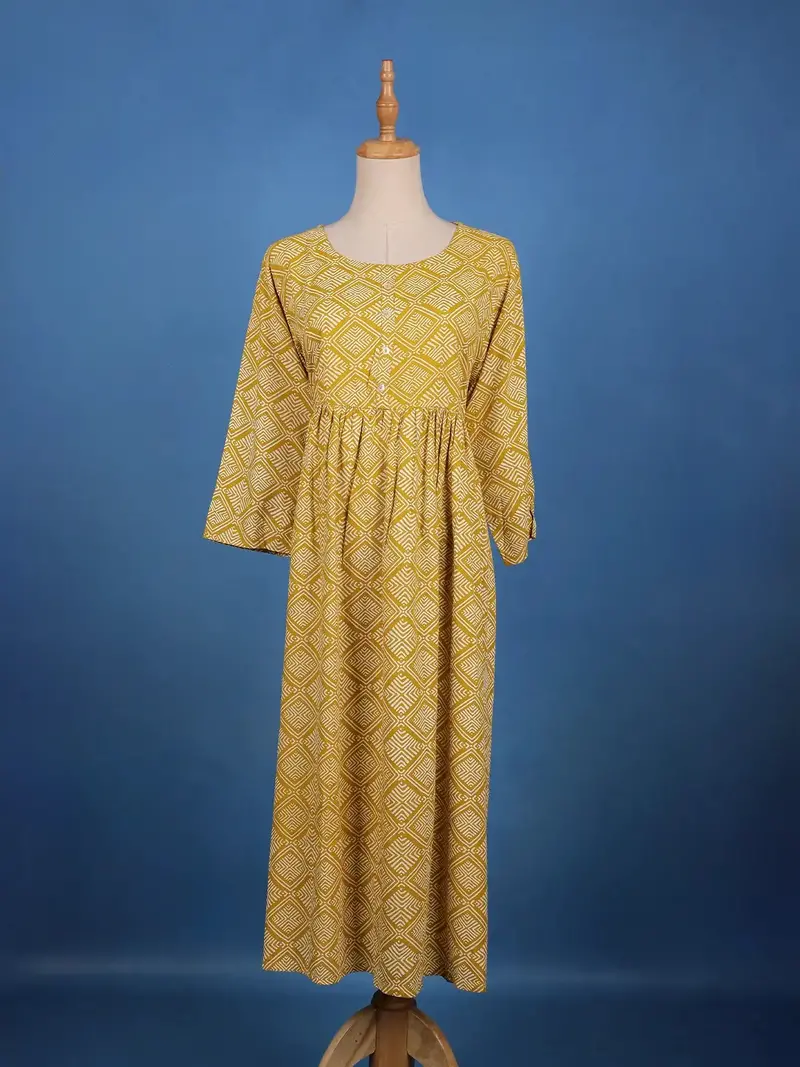 Mustard Yellow Geometric Design Printed Cotton Kurti 1