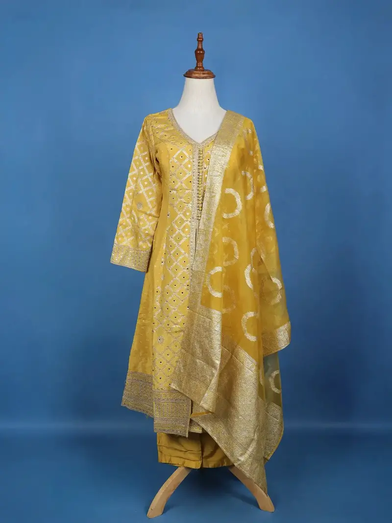 Mustard Yellow Geometric Mirror Embroidery Georgette Salwar Suit 1