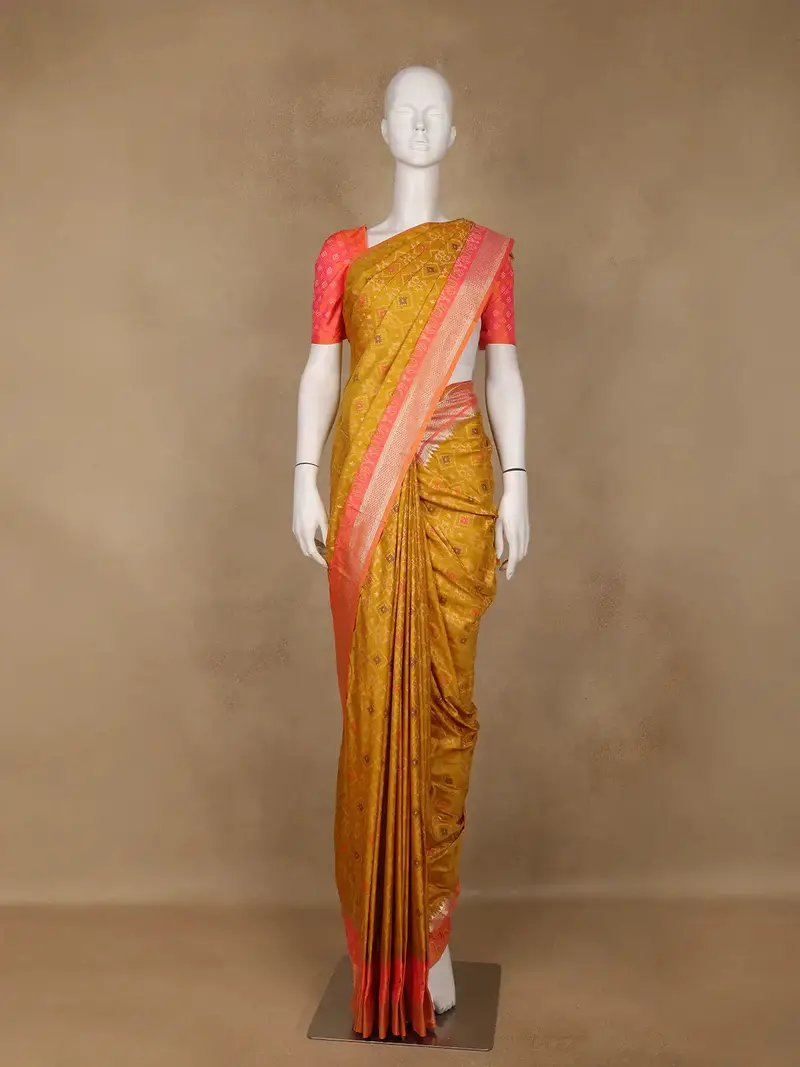 Mustard Yellow Geometric Motif Pattern Silk Saree 1