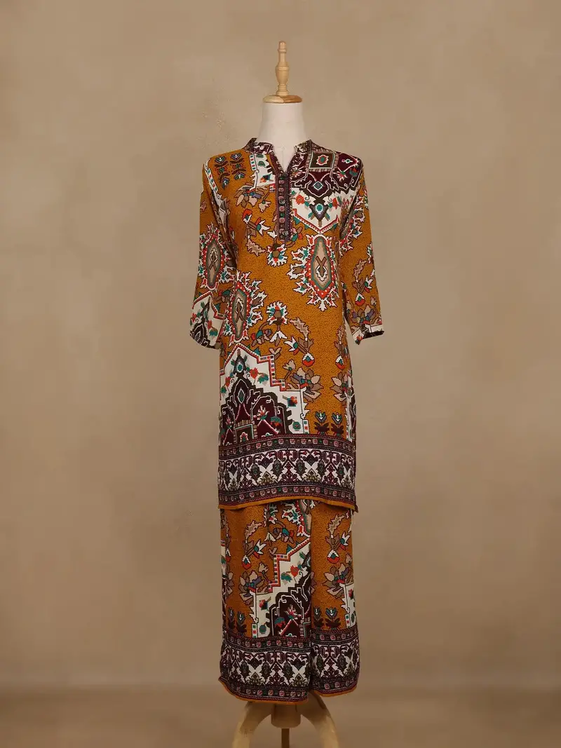 Mustard Yellow Geometric Printed Cotton Palazzo Suit 1