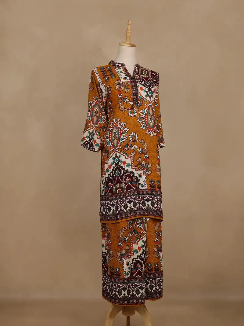 Mustard Yellow Geometric Printed Cotton Palazzo Suit 4