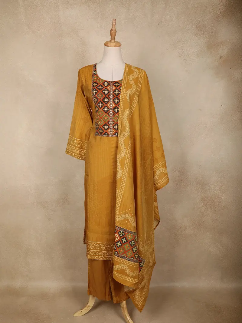 Mustard Yellow Geometric Printed Cotton Salwar Suit With Dupatta 1