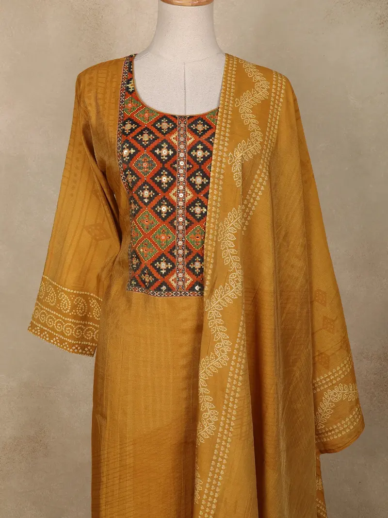 Mustard Yellow Geometric Printed Cotton Salwar Suit With Dupatta 2