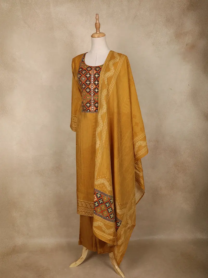 Mustard Yellow Geometric Printed Cotton Salwar Suit With Dupatta 3