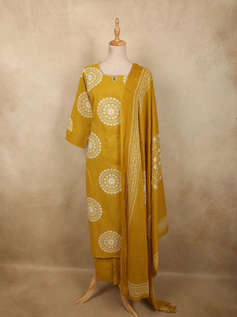Mustard Yellow Geometric Printed Design Cotton Salwar Suit With Dupatta 1